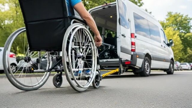 Person in wheelchair using accessible transportation with a white van