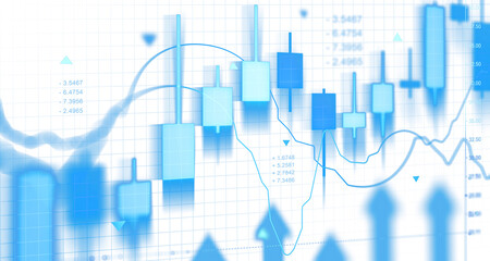 Financial stock market chart with glowing blue candlesticks and trend lines on grid background representing investment data concept in blur style. 3D Rendering