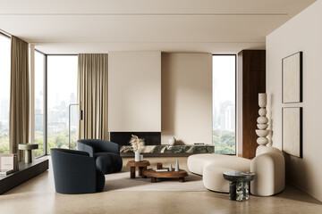 Fototapeta na wymiar Modern interior design living room with elegant furniture, city view, neutral palette, and minimalist decor in soft natural lighting. 3D Rendering