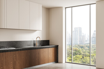 Modern kitchen interior with wood cabinets and city view through large glass window in minimalist design and neutral tones. 3D Rendering