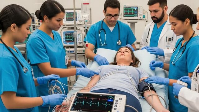 Medical team performing ecg on a patient in a hospital setting with nurses and doctors