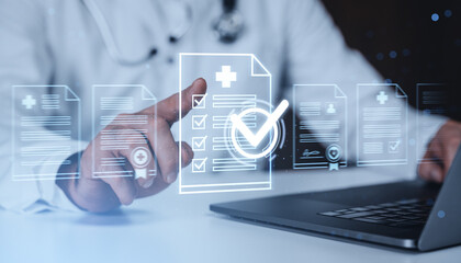 Doctor interacting with digital medical checklist hologram interface above laptop in futuristic healthcare data management concept on blue background.