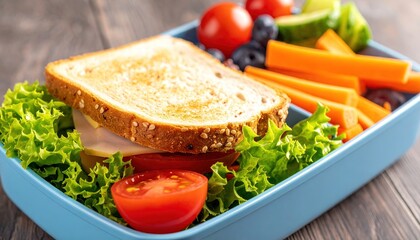 School lunch in cafeteria tray - sandwich with fruit and vegetables - fresh and nutritious meal