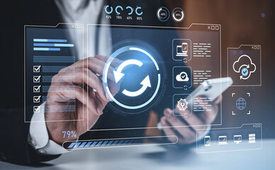 Futuristic digital interface with cloud synchronization and technology icons on modern business background concept.