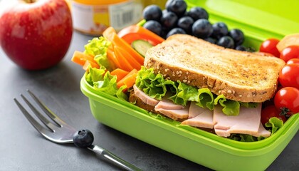 School lunch in cafeteria tray - sandwich with fruit and vegetables - fresh and nutritious meal