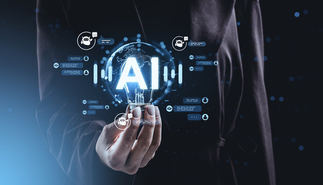 Futuristic AI hologram concept with digital chatbot icons on dark background held by hand in modern technology visualization scene. - Powered by Adobe