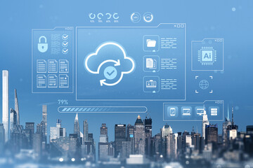 Cloud data storage and cybersecurity hologram interface over Manhattan NYC skyline in futuristic online network technology concept background.