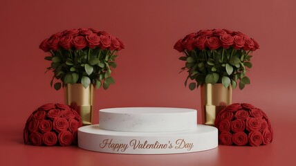 White Marble Podium with Red Rose Bouquets and Happy Valentines Day Text