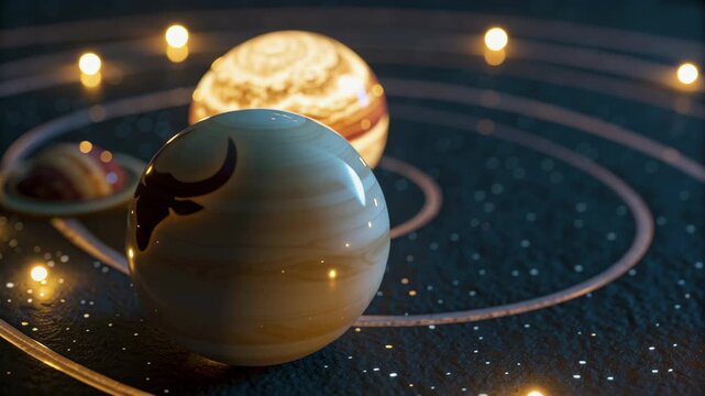 Taurus zodiac Glowing Celestial Scene Illuminated Planets and Bull Symbol in Mystical Cosmic Atmosphere with Stylized Solar System Model