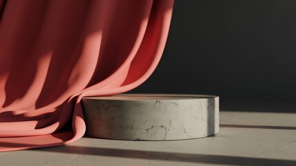Minimalist Concrete Podium with Red Fabric Drape and Sunlight Shadows