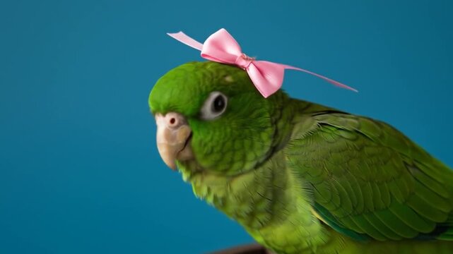 A green bird with a pink bow on its head sits against a blue background, looking into the distance