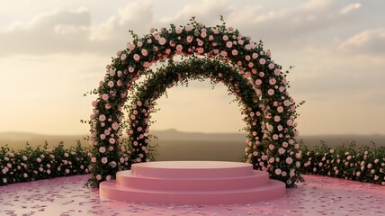 Pink Outdoor Product Stage with Rose Floral Arches at Sunset Landscape