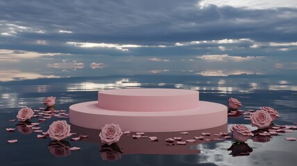 Pink Podium in Calm Ocean Water with Floating Roses and Dramatic Sky