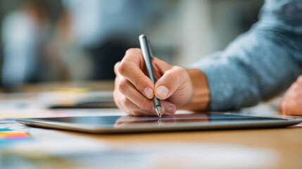 “Business Person Using Tablet and Pen at Coworking Desk for Design and App Development”