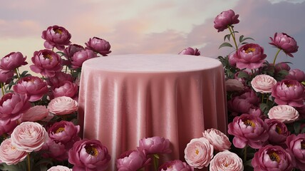Velvet Covered Podium Surrounded by Lush Pink Peony Flowers