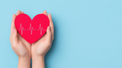 Red heart with heartbeat line held by human hands on blue background symbolizing health care and love