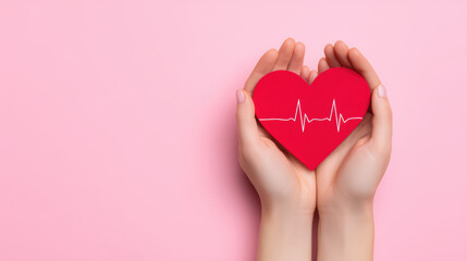 Red heart with heartbeat line held by human hands on pink background, symbolizing care and health awareness with gentle and minimal style