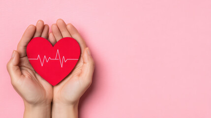 Red heart with white heartbeat line held gently in human hands on soft pink background, symbolizing care, health, and love in minimal style close up editorial photo