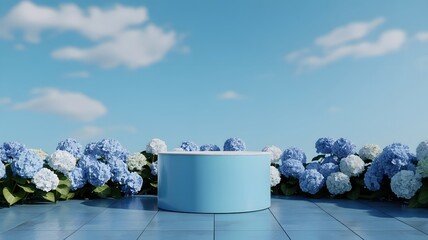 Blue Cylinder Podium with Hydrangea Flowers and Blue Sky Background