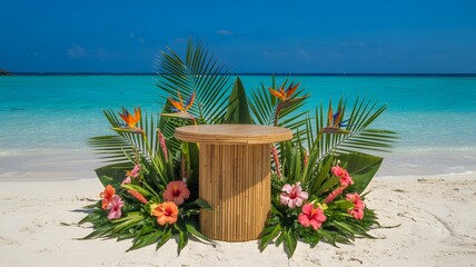 Bamboo Podium on Tropical Beach with Hibiscus and Bird of Paradise Flowers