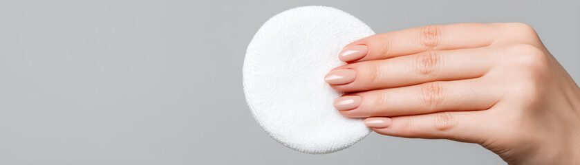 Soft cotton pad held by manicured hand with nude nail polish on gray background, showing gentle skincare routine and clean beauty care for healthy skin