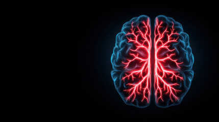 Futuristic medical brain illustration with glowing red neural network and blue outer structure on black background, symbolizing advanced neuroscience and technology innovation