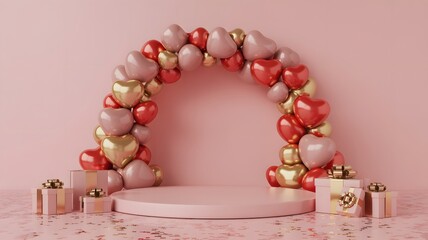 Pink Valentine Stage with Heart Balloon Arch and Gift Boxes