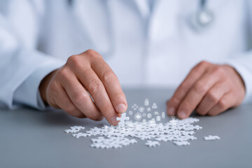 Doctor hands assembling white puzzle pieces with medical icons, symbolizing healthcare problem solving and medical strategy concept