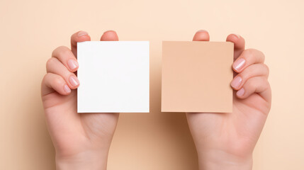 Minimal style close up of hands holding two square paper sheets in white and beige colors on soft peach background, showing contrast and simplicity in design and color tones