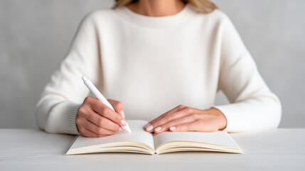 Writing in notebook with pen, woman in white sweater sitting at table, close up of hands holding pen and open blank journal, minimal style, creative work, education, planning