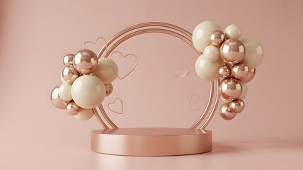 Rose Gold Podium with Balloon Cluster and Heart Frames for Celebration