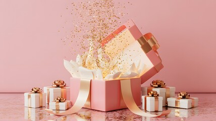 Exploding Pink Gift Box with Gold Confetti and Presents on Pink Background