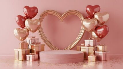 Luxurious Pink Podium with Gold Heart Frame and Gift Boxes