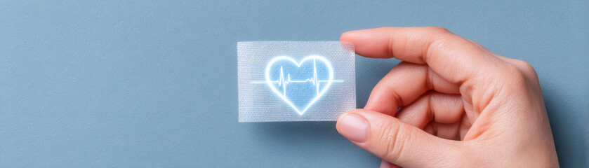 Hand holding medical adhesive bandage with glowing heart and heartbeat line symbol, representing health care and first aid support in minimal style