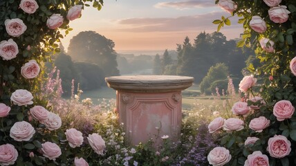 Ancient Pink Stone Podium in Rose Garden with Sunset Background