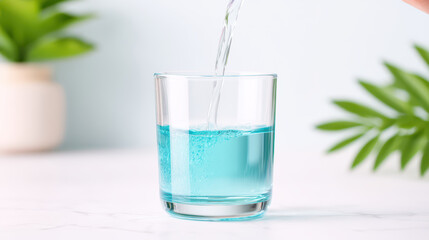 Blue mouthwash being poured into clear glass on white surface with green plants in background, creating fresh and clean atmosphere