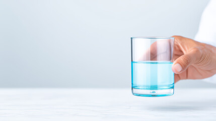 Close up of hand holding clear glass filled with blue mouthwash against light background, showcasing hygiene and oral care with minimal style