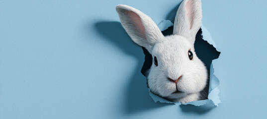Wei&szlig;er Osterhase schaut neugierig durch Loch im blauen Papier &ndash; modernes minimalistisches Ostermotiv mit viel Textfreiraum