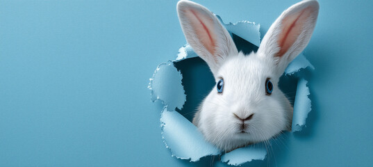 Wei&szlig;er Osterhase schaut neugierig durch Loch im blauen Papier &ndash; modernes minimalistisches Ostermotiv mit viel Textfreiraum