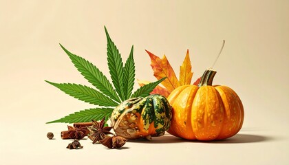Thanksgiving holiday cannabis promotional photo with autumn harvest theme and marijuana hemp