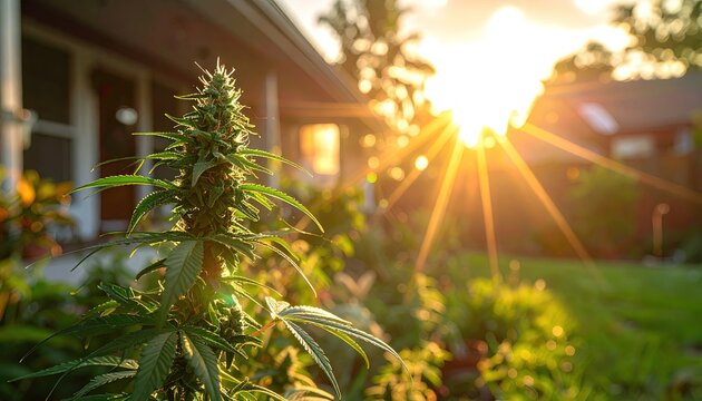 Cannabis crop growing outdoors in a rural backyard - suburban marijuana plants growing to produce hemp-based cannabinoids