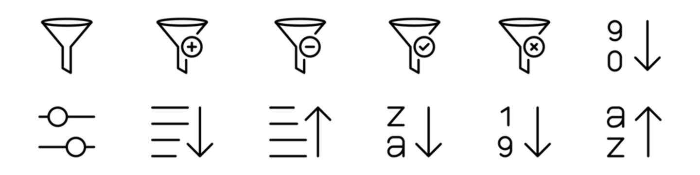 filter and sorting icon set with funnel symbols and ascending or descending order controls. filtering thin line icons, editable stroke
