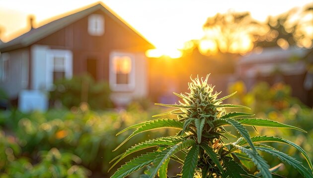 Cannabis crop growing outdoors in a rural backyard - suburban marijuana plants growing to produce hemp-based cannabinoids