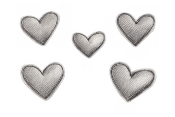 Hand-drawn hearts with rough texture, gray outline, celebrating love, romance, and valentine's day on transparent background