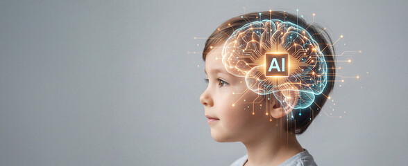 Artificial Intelligence Concept Showing Child Profile with Digital Neural Brain and AI Technology Overlay, Ai learning 