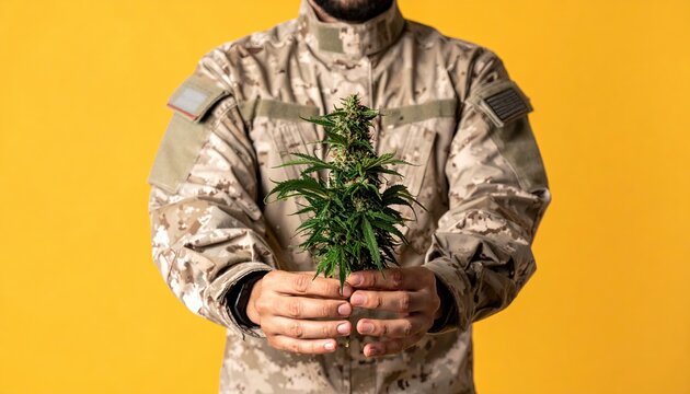 Veterans Day cannabis promotional photo with a military veteran in uniform