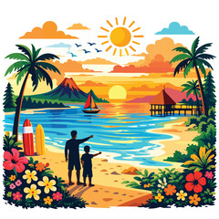 Colorful illustration of tropical beach couple at sunset suitable for romantic travel and vacation vector design