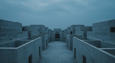 Grey concrete structures arranged in a symmetrical pattern, stretching into the distance under a muted sky.  Empty, modern architecture