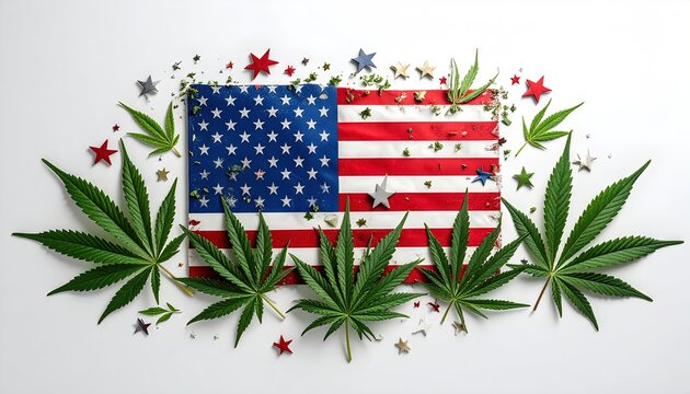 Patriotic cannabis fourth of july independence day promotional photo with marijuana hemp and american flag