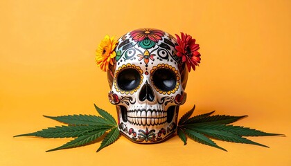 Day of the dead cannabis promotional photo with calavera sugar skull and hemp leaves for medical marijuana 